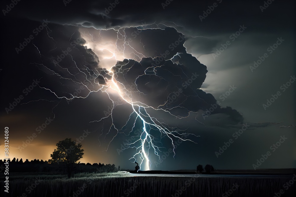 Poster dramatic thunderstorm with lightning strikes illuminating dark sky, created with generative ai