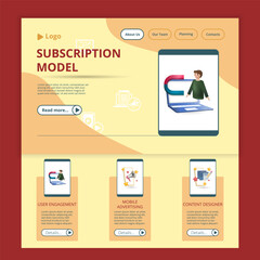User engagement flat landing page website template. User engagement, mobile advertising, content designer. Web banner with header, content and footer. Vector illustration.