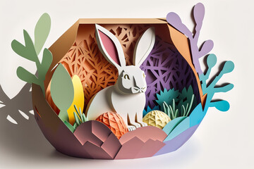 Pretty papercut easter bunny design, colorful image, (generated ai)