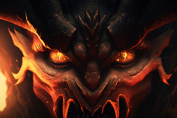 Demon, devil, evil spirit concept. Close-up of scary muzzle of monster with fiery eyes. Fantasy dark illustration created by generative ai