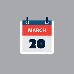 Simple Calendar Page for Day of 20th March - Banner, Graphic Design Isolated on Grey Background - Design Element for Web, Flyers, Posters, Useful for Designs Made for Any Scheduled Events, Meetings