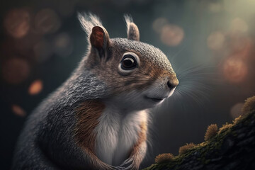 Obraz premium Cute brown furry squirrel with ears, funny rodent sitting on branch outdoors. Animal illustration created by generative ai