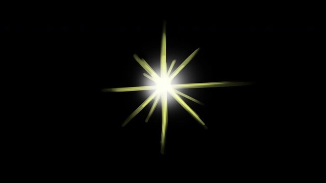 A shining star on a black screen. Cartoon light source in 4k with alpha channel. Stock video with a flickering yellow light.