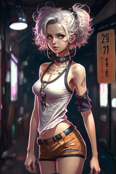 anime girl, skinny, lingeri, big eyes, hd, full body, extreme detailed, small weist, 8K, long legs, feminine, shorthair, manga style, Generative IA