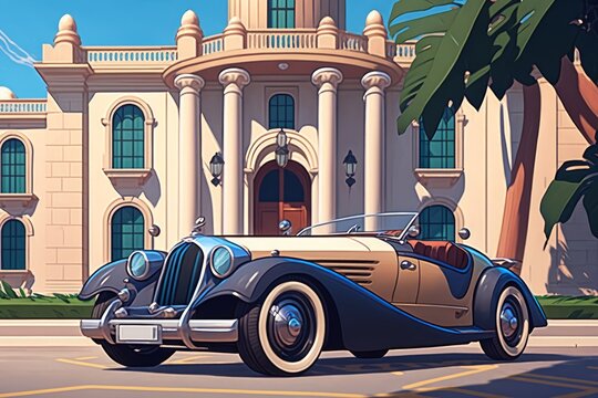 Shin's Vintage Sports Car: Surrealism & Art Deco Illustration for E-commerce with Cybernetic Implants & Fantasy Style in Anime Design, Generative AI