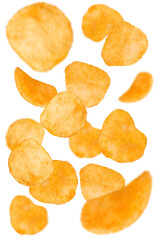 Levitation of potato chips isolated on a transparent background.