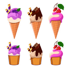 Ice cream vector illustration. Different types of ice cream in a waffle cup. Set of tasty ice creams with chocolate, cherry and blueberry