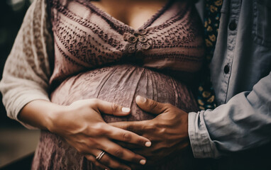Fototapeta premium Close up of a Pregnant belly, with both the mothers and fathers hands touching the belly. Concept of parenthood and love. Shallow field of view. Illustrative Generative AI. Not real people.