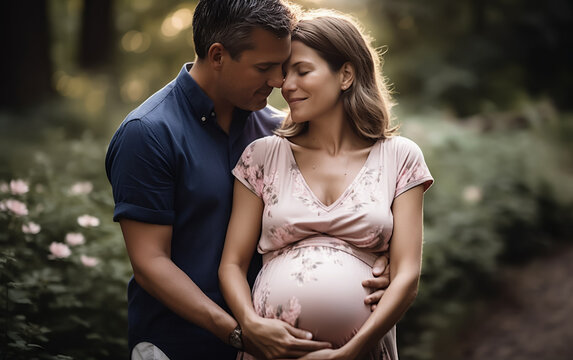 Pregnant couple together in joy and love. Concept of pregnancy and parenthood. Shallow field of view. Illustrative Generative AI. Not real people