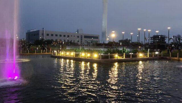  Footage of fountain in a pond shot in City Park Mansarovar at night