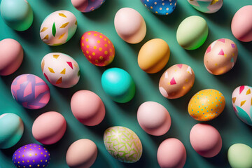 Fototapeta na wymiar Flat lay of colorful chicken eggs texture background easter concept. Neural network AI generated art