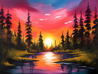 sunset in the forest oil painting
