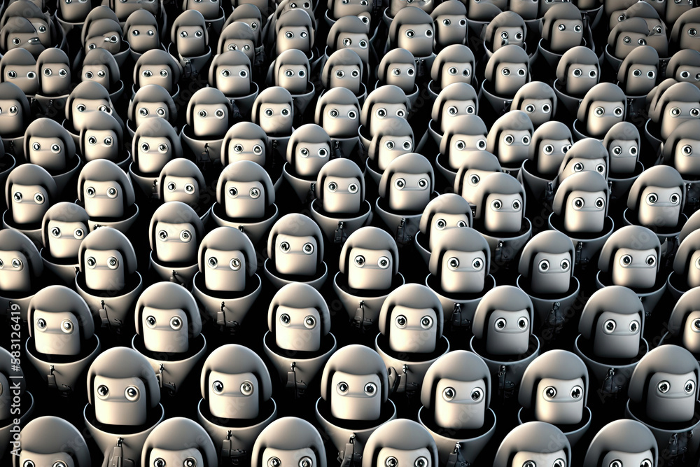 Poster robot crowd in rows. robot army. created with generative ai