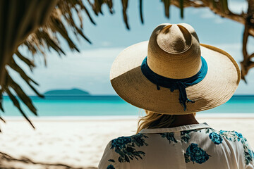 Back view of woman in hat standing on sand beach and looking at sea. Summer beach vacation and relaxing in tropical landscape. Created with Generative AI