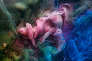 Multicolored contrast liquid art background. Paint ink explosion, abstract smoke mock-up