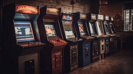 salle remplie de bornes d'arcade, années 80 - 90 - generative ai