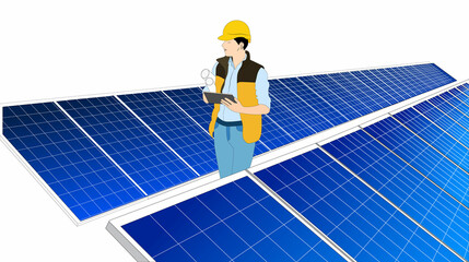 Solar thermal panel engineer wearing hard hat checking and inspecting Solar power plant maintenance, installation, and efficiency. Smart grid ecology energy sunlight alternative power factory concept.