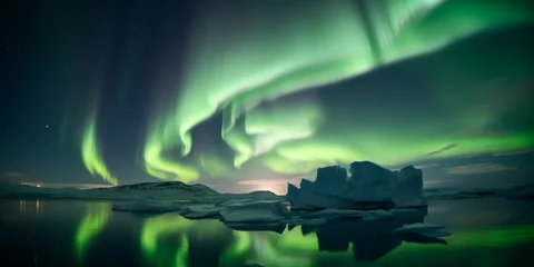 Foto op Plexiglas Icebergs in a lake with northern lights aurora borealis dancing in the sky © Creative Clicks
