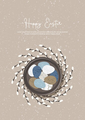 Easter card. Easter eggs on a plate with a wreath of willow. Eco-decor. Vector for poster, print, postcard, invitation, congratulations, tag.