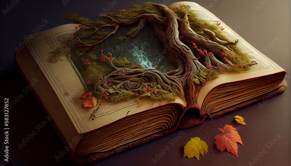 Poster old book open with nature scene ,generative ai