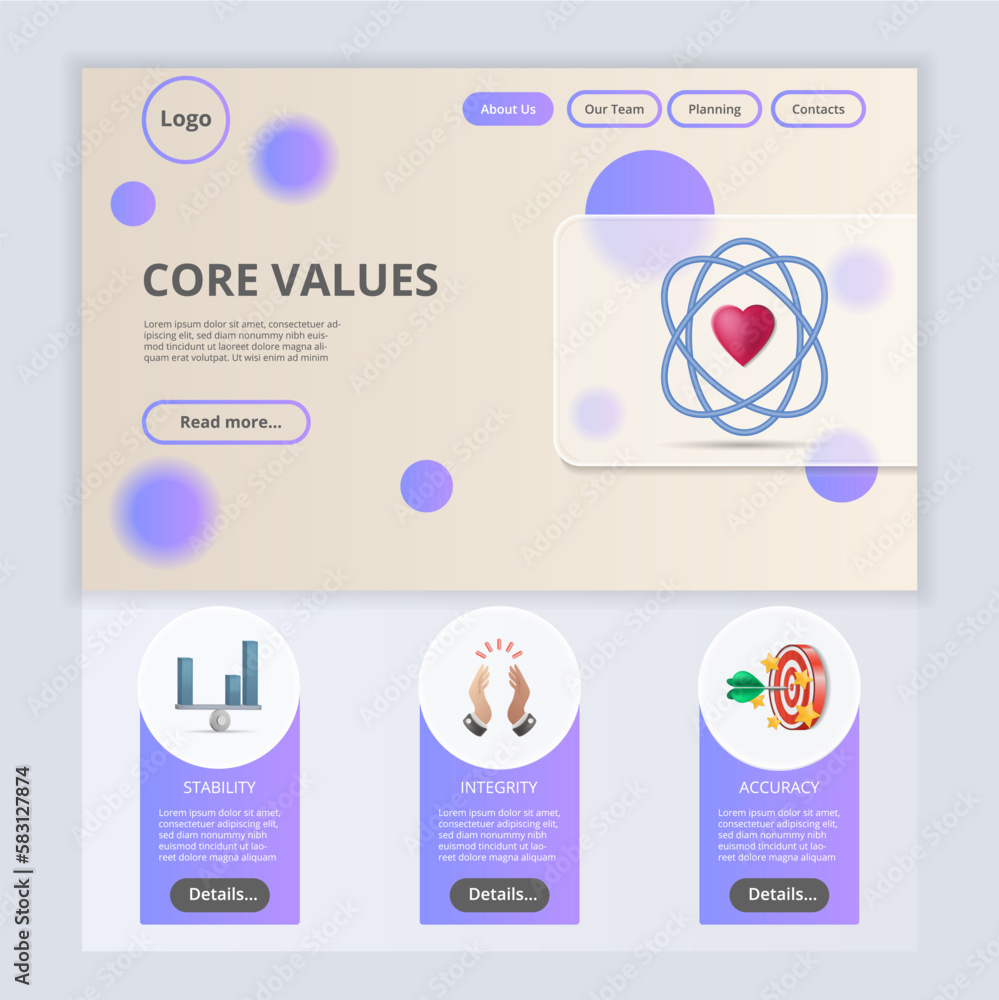 Poster core values flat landing page website template. stability, integrity, accuracy. web banner with head