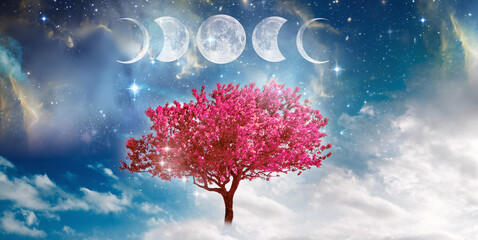 mystical spring pink tree with four pahses of luna New Moon, First Quarter, Full Moon, and Last Quarter over mystic sky with stars and nebula like spiritual and mystical and poetic background  - obrazy, fototapety, plakaty