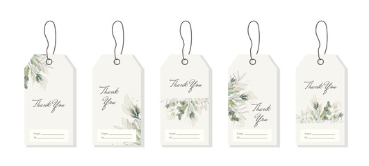 Set of Thank You tags for gift, wedding invitation, packaging with green watercolor leaves, branches. Vector template