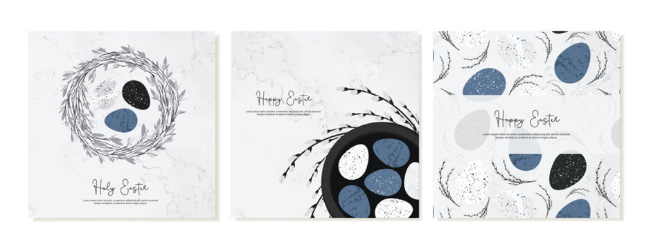 Set of square cards, posts with Easter eggs, wreath, with a sprig of willow on a marble background. Vector template