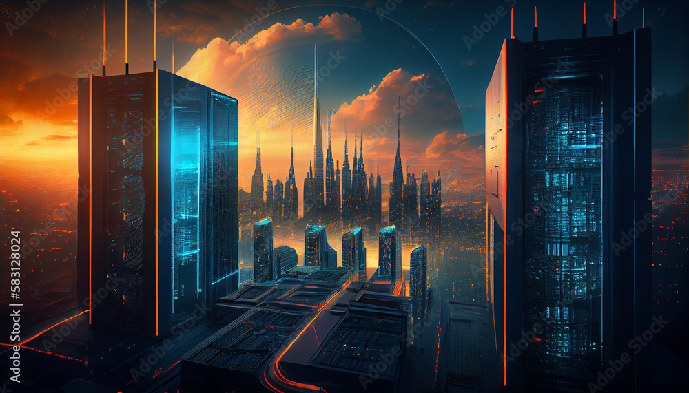 Poster skyscraper skyline glows with network servers at night ,generative ai