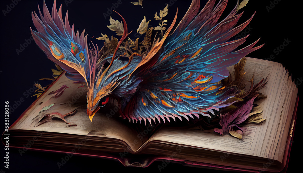 Poster old book open with mythological bird scene ,generative ai