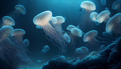Underwater animal, blue nature, tentacle fish swim deep ,generative AI