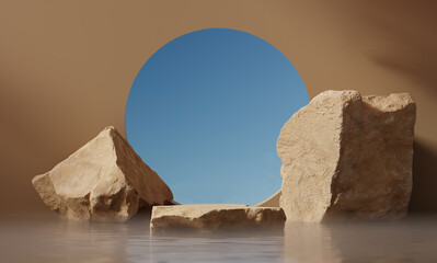 3D podium stone display on brown background. Beige rock on water. Cosmetic beauty product promotion pedestal with sun shadow. Nature landscape showcase. Abstract mockup. Minimal 3D render