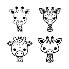 A charming set of Hand drawn line art illustrations featuring cute anime giraffe heads, perfect for adding a touch of whimsy to any project