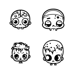 Playful and quirky Hand drawn kawaii zombie head collection set, featuring cute and charming line art illustrations of undead cuteness