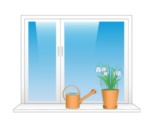 Seedlings in spring in pots stand on the windowsill, watering can. Young plants on the window, sky. Modern flat vector illustration without raster effects
