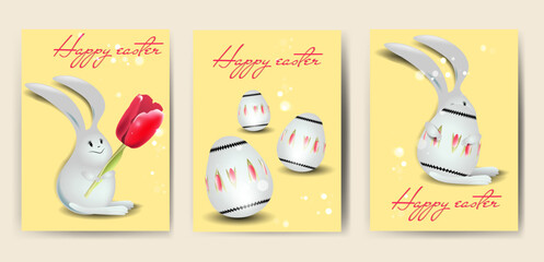 Set of yellow Easter cards with a white rabbit and eggs