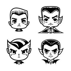 Charming and playful collection of Hand drawn line art illustrations featuring cute Dracula heads, perfect for Halloween or any occasion