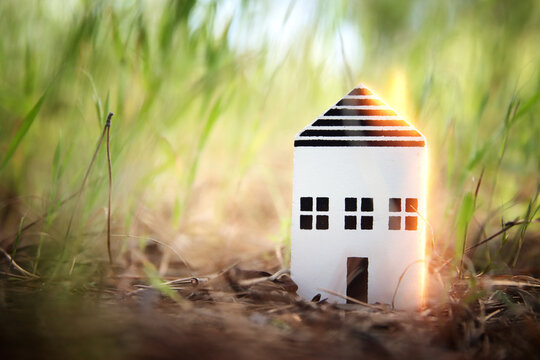 Concept image of a small house in nature. Idea of ecology, solar energy, and sustainability