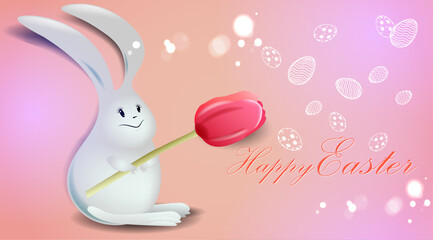 Easter greeting design template with a cute bunny, tulips and a white Easter pattern
