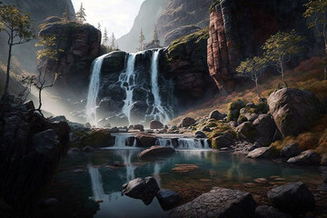 A Tranquil Waterfall With A Refreshing Mist Rising . Generative AI