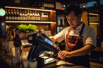Homem recebendo o pagamento em sistema de pagamento eletrônico digital em restaurante bar café negócios pagamento digital banco digital praticidade eficiência rapidez IA Generativa - obrazy, fototapety, plakaty