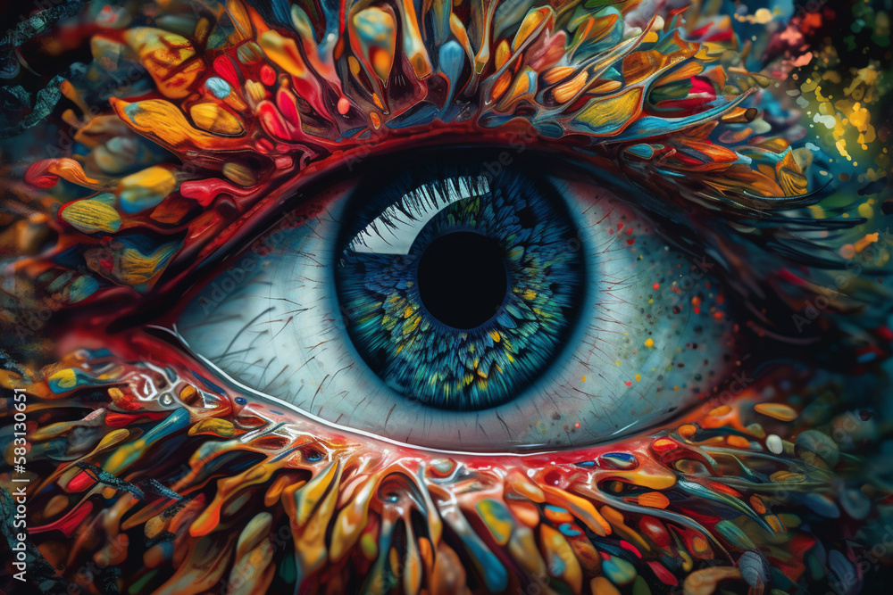 Poster kaleidoscope of overlapping shapes and colors, each a unique reflection of the eye's adaptable focus