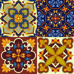 Mexican Talavera Ceramic Tiles. Spanish Maiolica. Colorful decorative stickers for tiles with floral patterns. Mexican folk art.