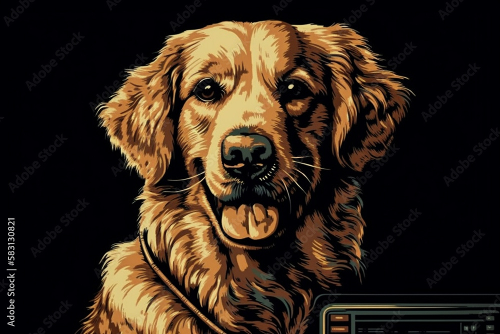 Poster retro computer graphics and pixel art featuring iconic character dog