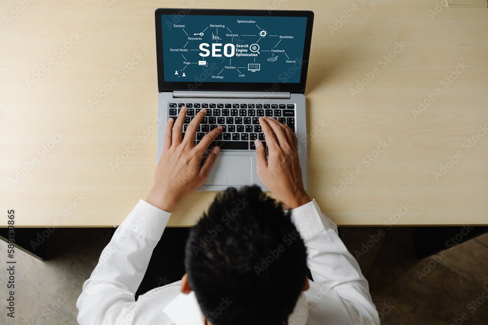 Poster seo search engine optimization for modish e-commerce and online retail business showing on computer 