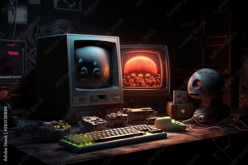 Fototapete retro computer graphics and pixel art featuring iconic characters such as virus hero
