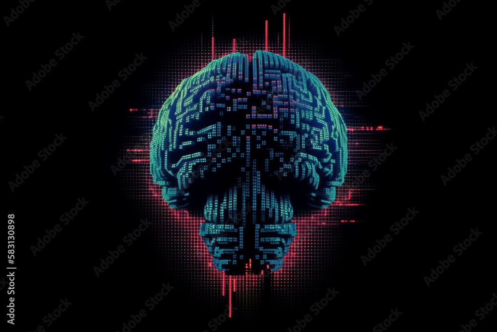 Poster retro computer graphics and pixel art featuring iconic characters such as brain