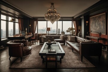 interior of a hotel room with a chandelier. Generative AI