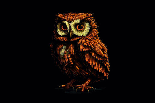 Retro computer graphics and pixel art featuring iconic characters such as owl