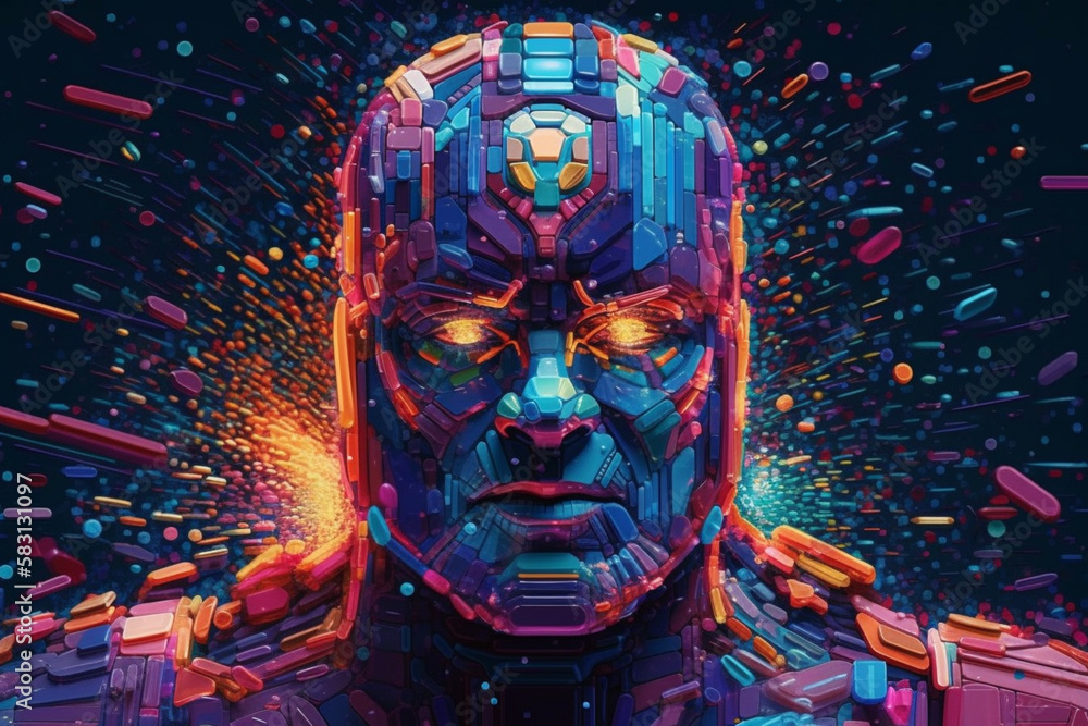 Poster retro computer graphics and pixel art featuring iconic characters such as brain